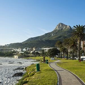 Waterfront of Camps Bay with the Lions Head in the background, suburb of Cape Town