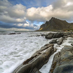 Waves crashing on rocks, Vikten, Flakstad municipality, Nordland, Lofoten Islands, Norway