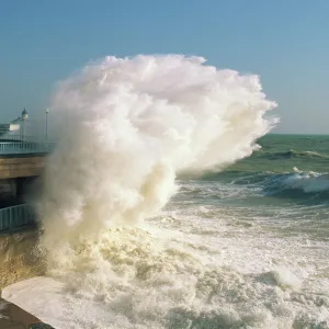 Waves pounding bandstand, storm in Eastbourne, East Sussex, England, United Kingdom