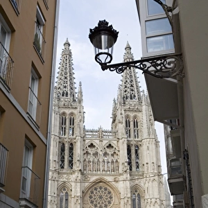 West front of Burgos cathedral, UNESCO World Heritage Site, seen from a narrow side street
