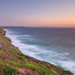 Wheal Coates, abandoned disused Cornish tin mine at sunset, near St. Agnes