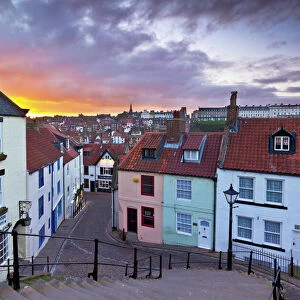 Whitby town houses at sunset from the Abbey steps, Whitby, North Yorkshire, Yorkshire, England, United Kingdom, Europe