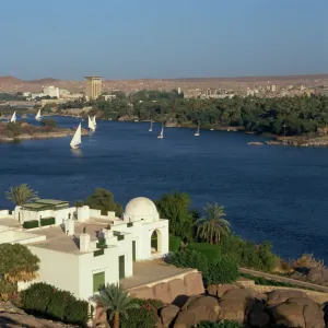 White Begum residence overlooking the River Nile with feluccas, at Aswan