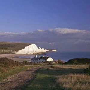White chalk cliffs of the Seven Sisters at Cuckmere Haven, seen from near Seaford