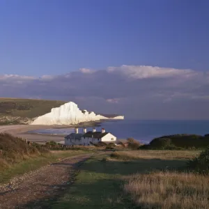 White chalk cliffs of the Seven Sisters at Cuckmere Haven, seen from near Seaford