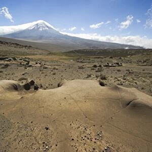 Wind erosion feature on the west flank of 6310m Volcan Chimborazo, with its unique type of Andean high paramo (puna) made dry by the rain shadow, Chimborazo Province, Central Highlands, Ecuador
