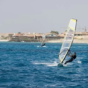 Wind surfing at Santa Maria on the island of Sal (Salt), Cape Verde Islands, Africa