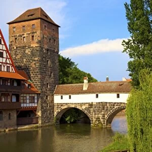 The Wine Store and Hangmans Bridge on the Pegnitz River, Nuremberg, Bavaria, Germany, Europe