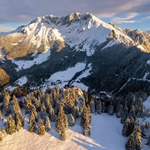 Winter season in Orobie Alps during sunrise, Presolana peak in Bergamo province, Lombardy district, Italy, Europe