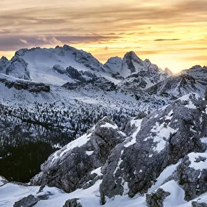 Winter sunset on Marmolada covered by snow, Dolomites, Trentino-Alto Adige, Italy, Europe