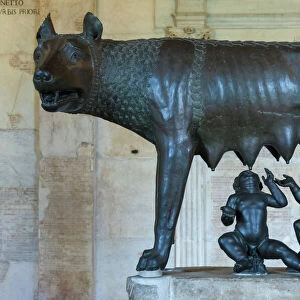 She Wolf sculpture dating from the 5th century BC, Romulus and Remus probably added later