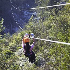 Woman sliding down a zip-line, Storms River, Eastern Cape, South Africa, Africa