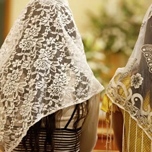 Women wearing embroidered veils at Holy Mass, Beit Jala, West Bank, Palestine National Authority