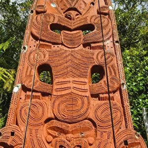 Woodecarved entrance at the Te Puia Maori Cultural Center, Rotorura, North Island, New Zealand, Pacific