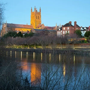 Worcester Cathedral on the River Severn floodlit at dusk, Worcester, Worcestershire, England, United Kingdom, Europe