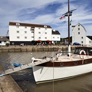 Yacht moored by the Tide Mill at Woodbridge Riverside, Woodbridge, Suffolk, England, United Kingdom, Europe