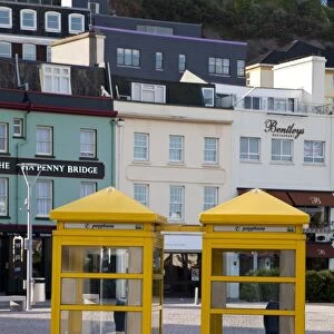 Yellow telephone boxes, St. Helier, Jersey, Channel Islands, United Kingdom, Europe