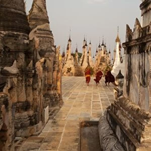 Young novices run through the pagodas, Kakku Pagoda Complex, Myanmar (Burma), Asia