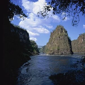 Zambezi River and bridge from bend at second and third gorges, Victoria Falls
