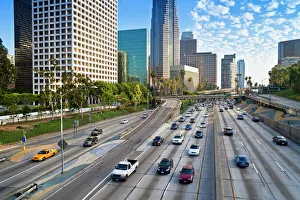The 110 Harbour Freeway and Downtown Los Angeles skyline, California, United States of America, North America