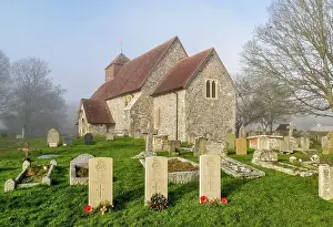 The 11th century Church of St. Mary The Virgin on a foggy winter morning, Friston, South Downs National Park, East Sussex, England, United Kingdom, Europe