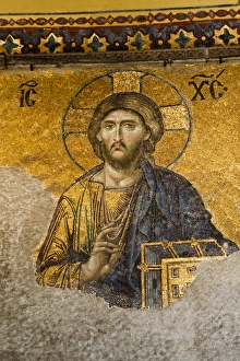 A 12th century Byzantine mosaic of Judgement Da, Jesus Christ enthroned between the Virgin Mary
