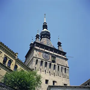 Sighisoara Prints: The 14th century Clock Tower with 1648 clock in the medieval citadel at Sighisoara
