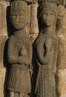 Old Castile Prints: 15th century slate figures in 11th century dress, Old Castile, Spain, Europe