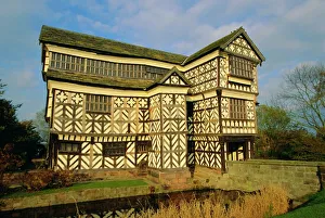 16th Century Prints: The 16th century black and white gabled house, Little Moreton Hall, Cheshire, England, UK