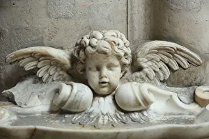 Renaissance Prints: The 17th century holy water font, St. Germain l Auxerrois church, Paris, France