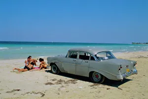 Cuban Prints: 1950s American car on the beach, Goanabo, Cuba, Caribbean Sea, Central America