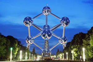 Belgium Prints: 1958 World Fair, Atomium model of an iron molecule, illuminated at night