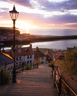 Pier Gallery: The 199 Steps of Whitby at sunset, Whitby, North Yorkshire, England, United Kingdom, Europe