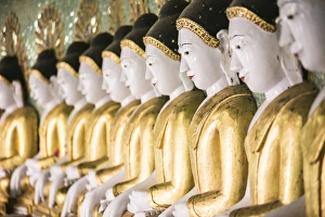 Gold Colour Prints: Some of the 45 large Buddha Images at Umin Thounzeh, a Buddhist temple on Sagaing Hill