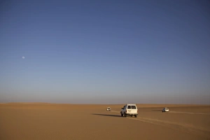 Fezzan Desert Prints: Three 4x4 vehicles in the Fezzan desert, Libya, North Africa, Africa