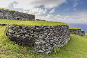 Isla De Pascua Prints: One of 53 stone masonry houses at Orongo, a stone village and Birdman ceremonial