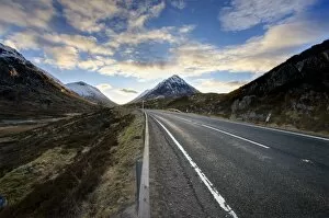 Images Dated 10th February 2010: A82 trunk road heading across Rannoch Moor towards Glencoe with snow-covered mountains in distance