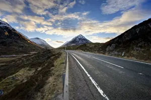 Mountain Road Prints: A82 trunk road heading across Rannoch Moor towards Glencoe with snow-covered mountains in distance
