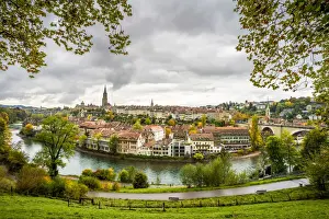 Bern Prints: Aare River with Munster Cathedral and city centre in background, Bern, Canton Bern
