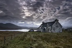 Homes Prints: Abandoned Croft House overlooking Loch Siophort and the Harris Hills, Arivruaich