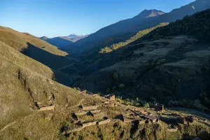 Peaks Prints: Abandoned mountain village surrounded by hills and peaks in Chechnya Caucasus region of Russia