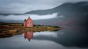 Stillness Prints: Abandoned pink house on Loch Glass, Highlands, Scotland, United Kingdom