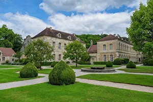 Preservation Prints: Abbey of Fontenay shows historic architecture and landscaped gardens in France with cloudy sky
