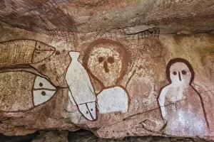 Human Likeness Gallery: Aboriginal Wandjina cave artwork in sandstone caves at Raft Point, Kimberley, Western Australia