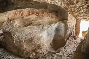 Aboriginal Wandjina cave artwork in sandstone caves at Bigge Island, Kimberley, Western Australia, Australia, Pacific