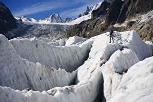 Climber Prints: Aclimber in a crevasse field on Mer de Glace glacier, Mont Blanc range