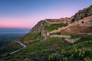 Olives Prints: Acrocorinth historic castle on top of the mountain at sunset, Greece