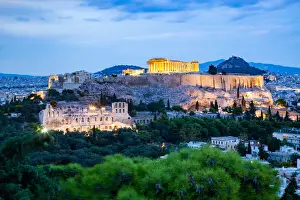 The Acropolis and the Parthenon at night, UNESCO World Heritage Site, Athens, Attica