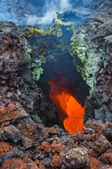 Volcanic Activity Prints: Active magma in a stream below the Tolbachik volcano, Kamchatka, Russia, Eurasia