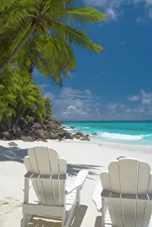 Vacations Prints: Two Adirondack chairs on tropical beach, Seychelles, Indian Ocean, Africa